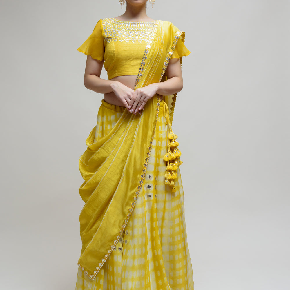 Clamp Dye Organza Gota Patti Lehenga Set - Yellow