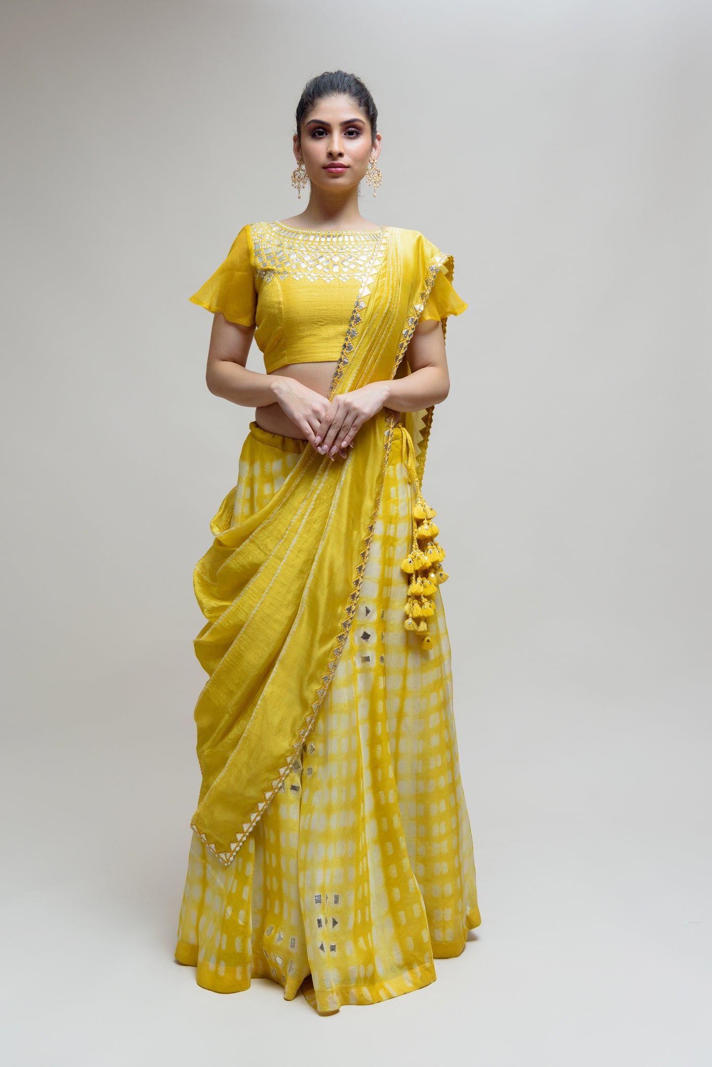 Clamp Dye Organza Gota Patti Lehenga Set - Yellow