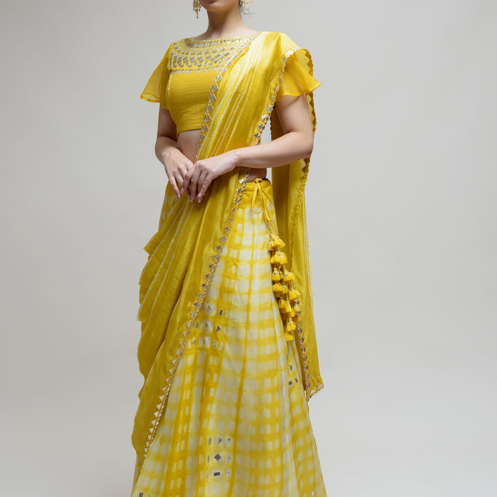 Clamp Dye Organza Gota Patti Lehenga Set - Yellow