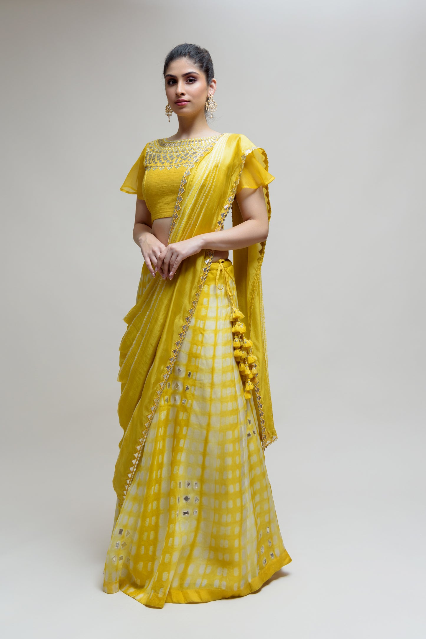 Clamp Dye Organza Gota Patti Lehenga Set - Yellow