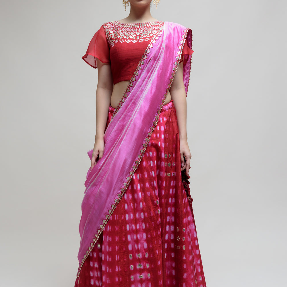 Clamp Dye Organza Gota Patti Lehenga Set - Red