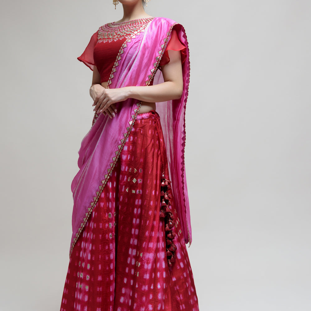 
                      
                        Clamp Dye Organza Gota Patti Lehenga Set - Red
                      
                    