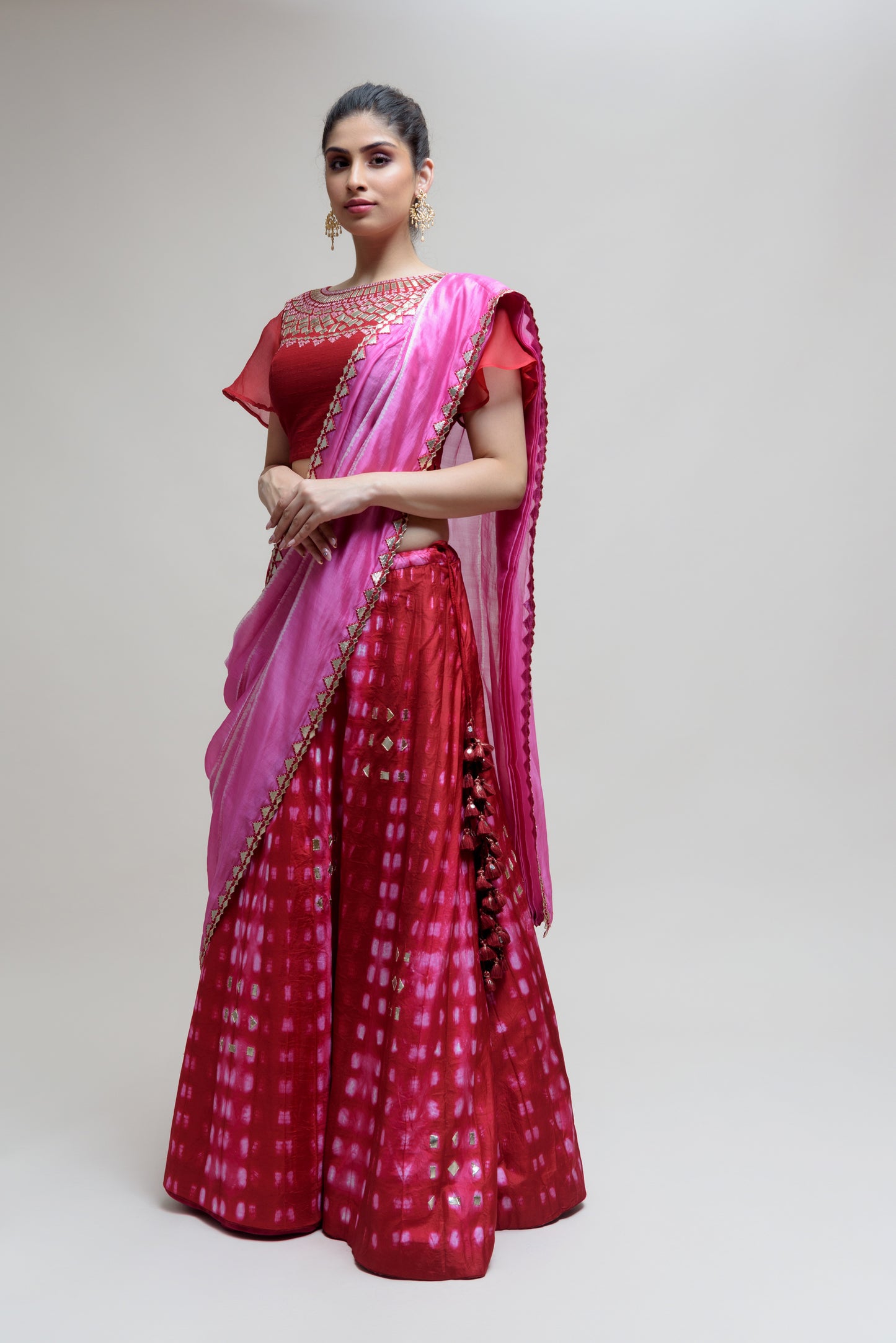 Clamp Dye Organza Gota Patti Lehenga Set - Red