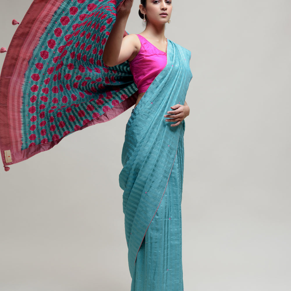 Bandhani Veda Saree - Blue Hot Pink