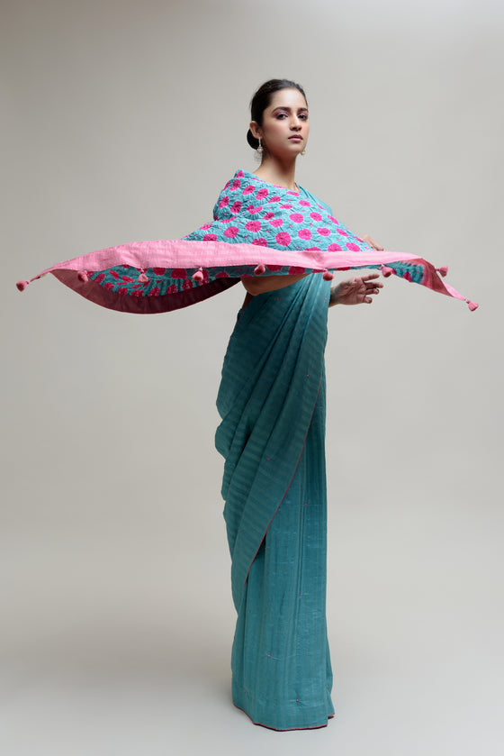 Bandhani Veda Saree - Blue Hot Pink