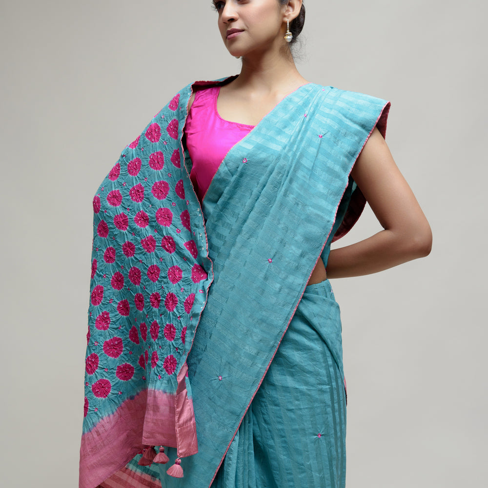 Bandhani Veda Saree - Blue Hot Pink