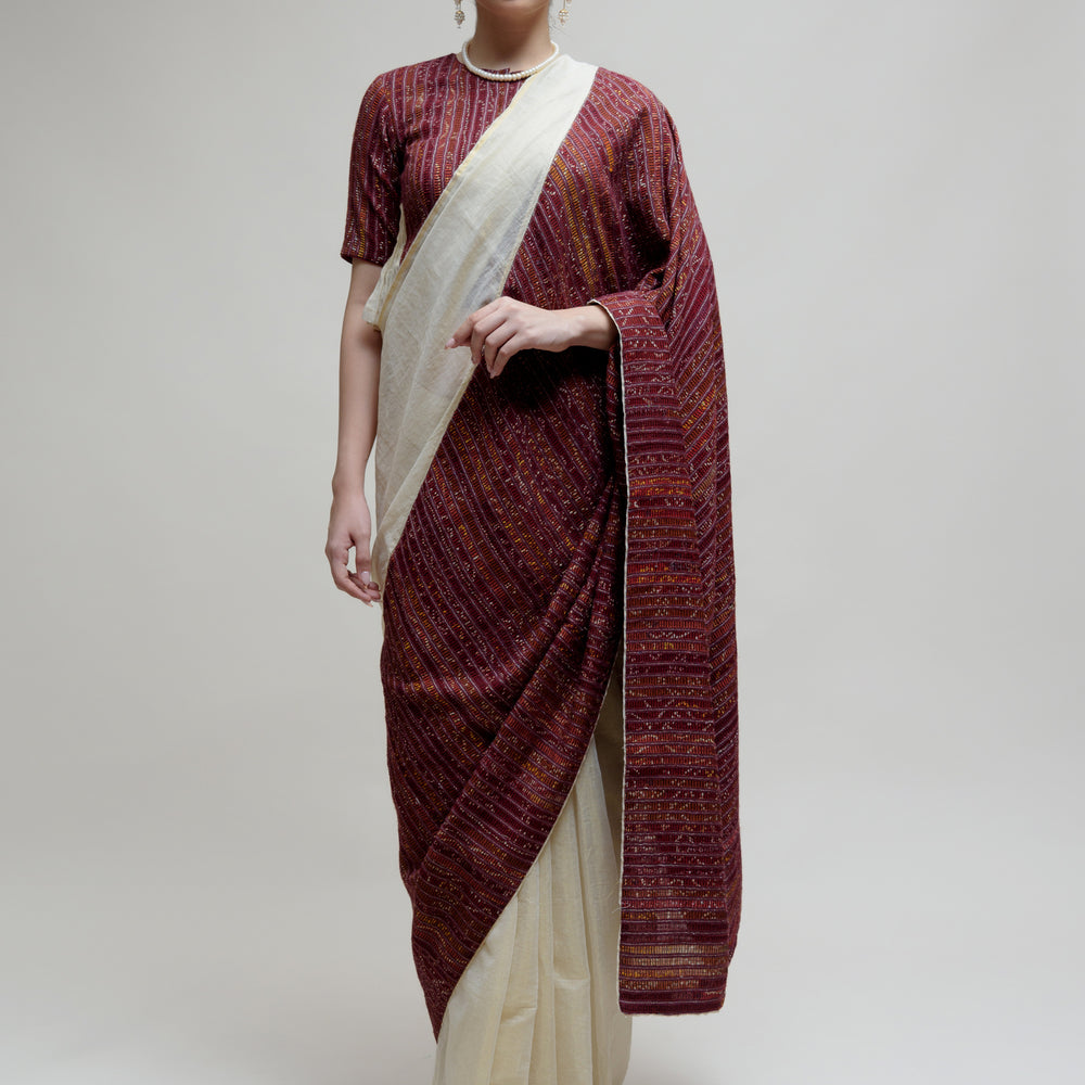 
                      
                        Off White Brown Chanderi Tissue Saree with a Unique Palla
                      
                    