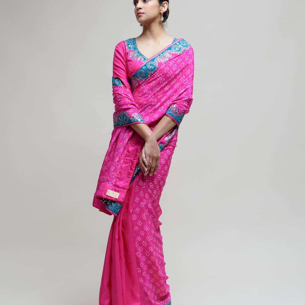 
                      
                        Hot Pink Bandhani on Crepe Saree with Mirror Work
                      
                    