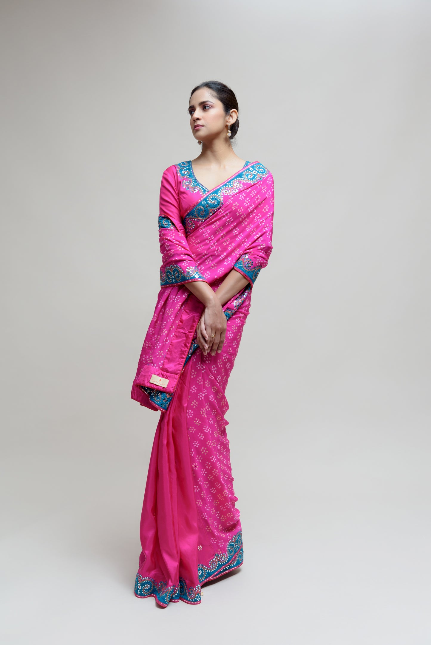 Hot Pink Bandhani on Crepe Saree with Mirror Work