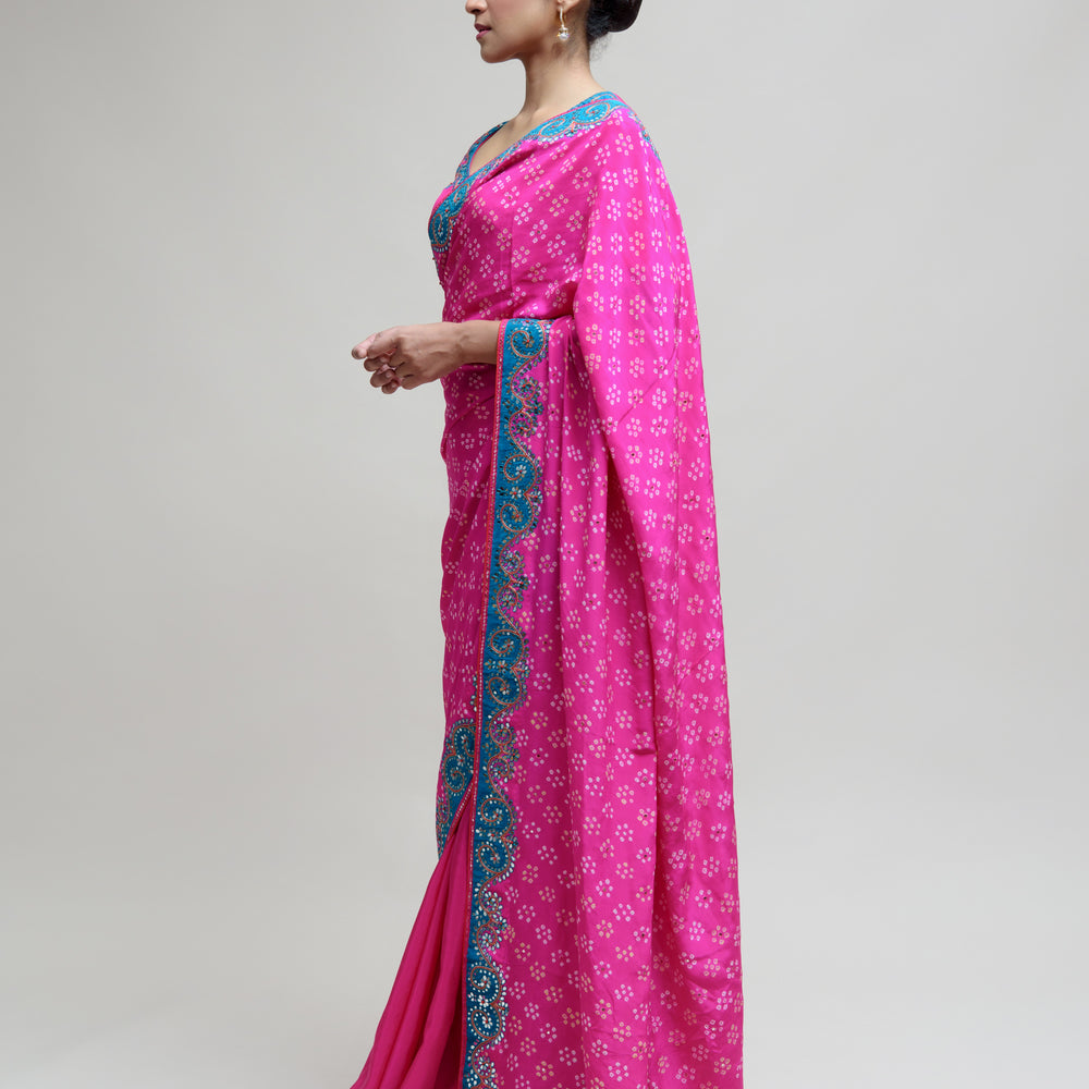 
                      
                        Hot Pink Bandhani on Crepe Saree with Mirror Work
                      
                    