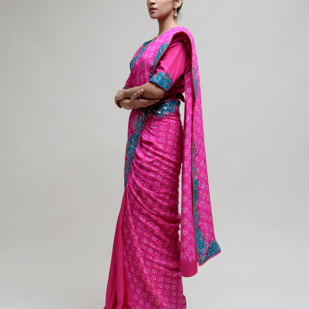 
                      
                        Hot Pink Bandhani on Crepe Saree with Mirror Work
                      
                    