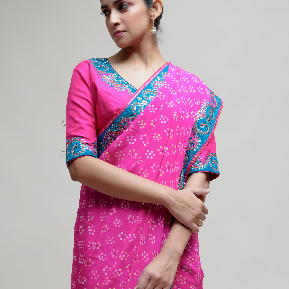 Hot Pink Bandhani on Crepe Saree with Mirror Work