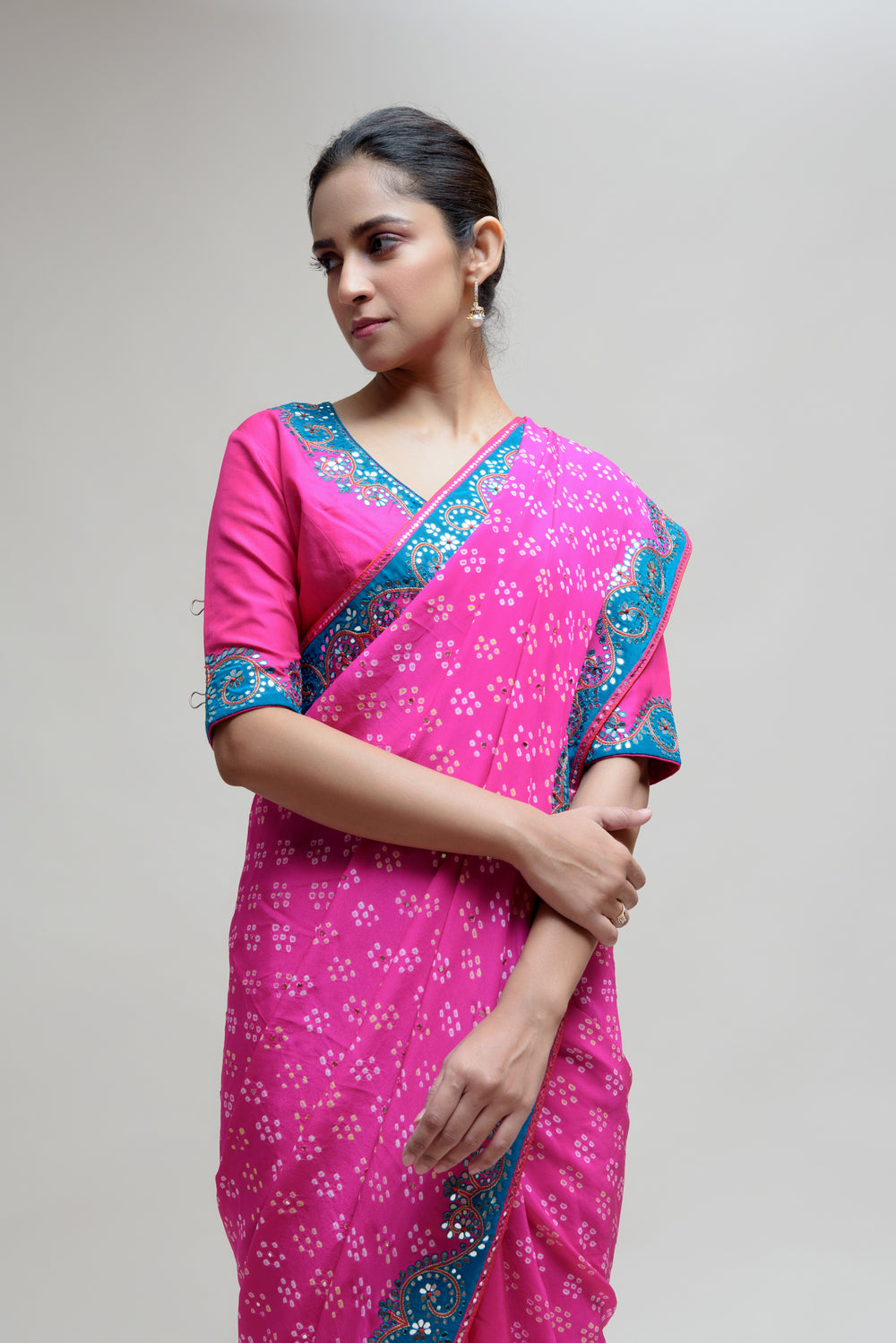 Hot Pink Bandhani on Crepe Saree with Mirror Work