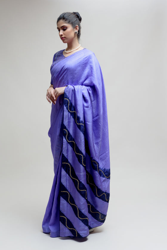Silk Saree with Striped Colour Blocked Palla - Blue