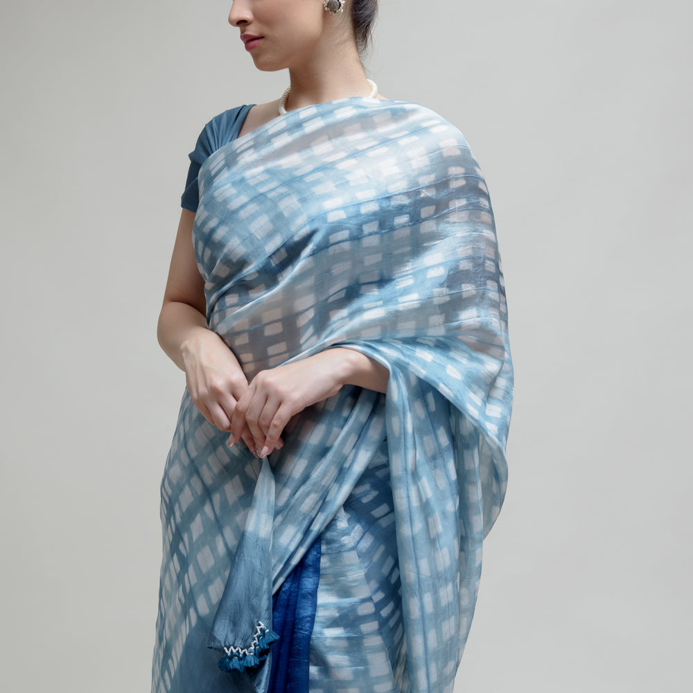 Clamp Dyed Chanderi Saree - Blue