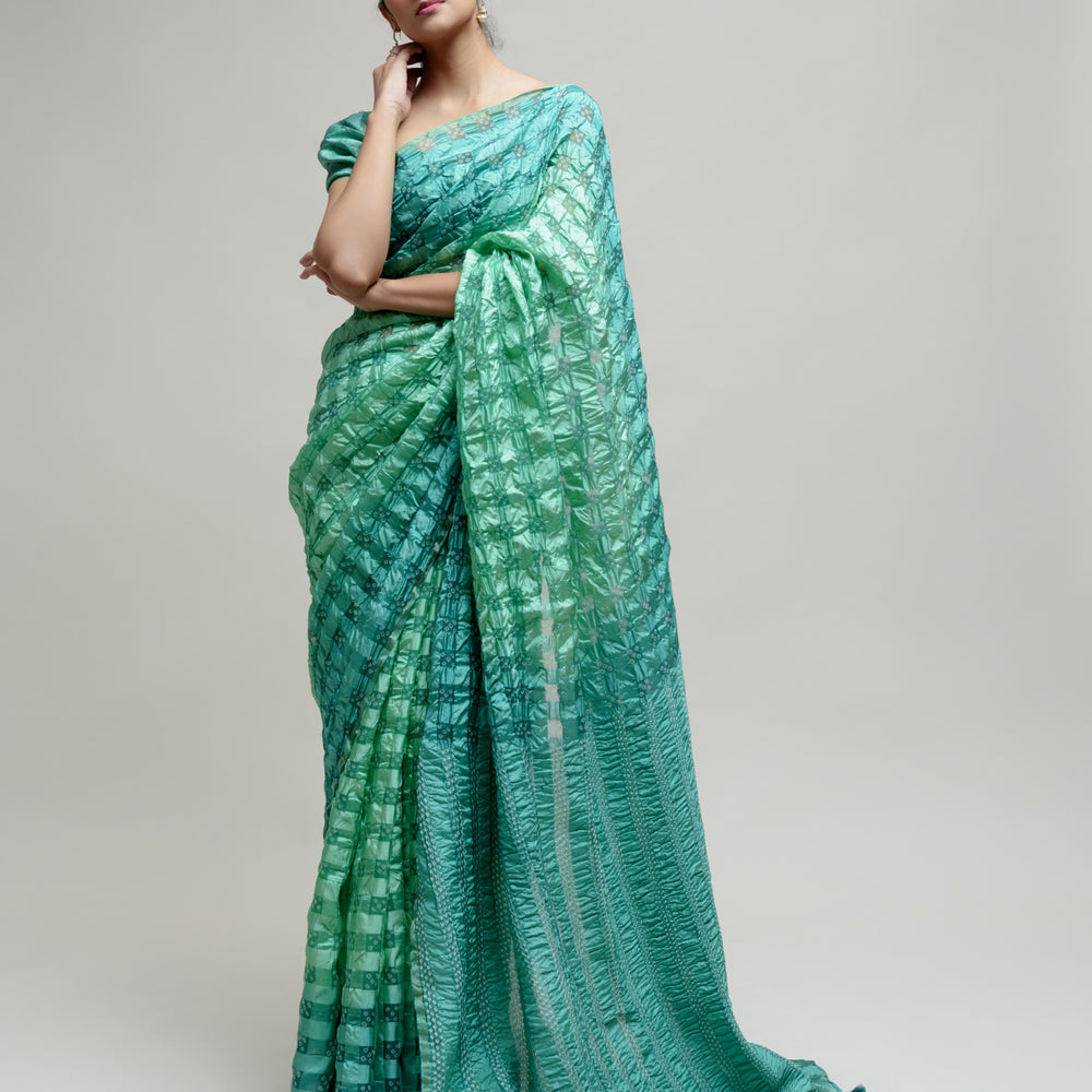 Silk Organza Saree with Bandhani - Green