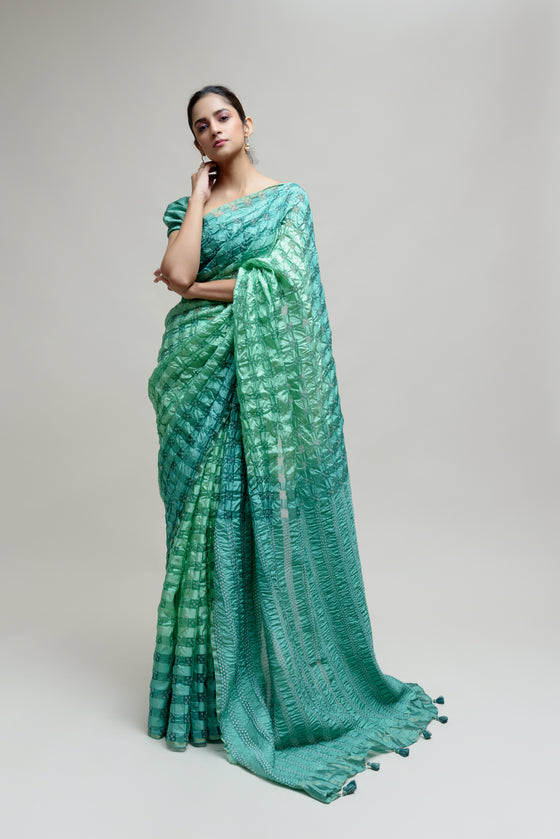 Silk Organza Saree with Bandhani - Green
