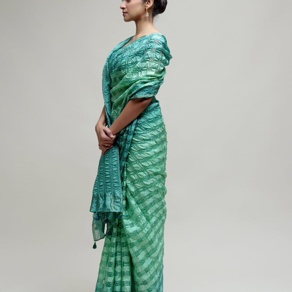 Silk Organza Saree with Bandhani - Green