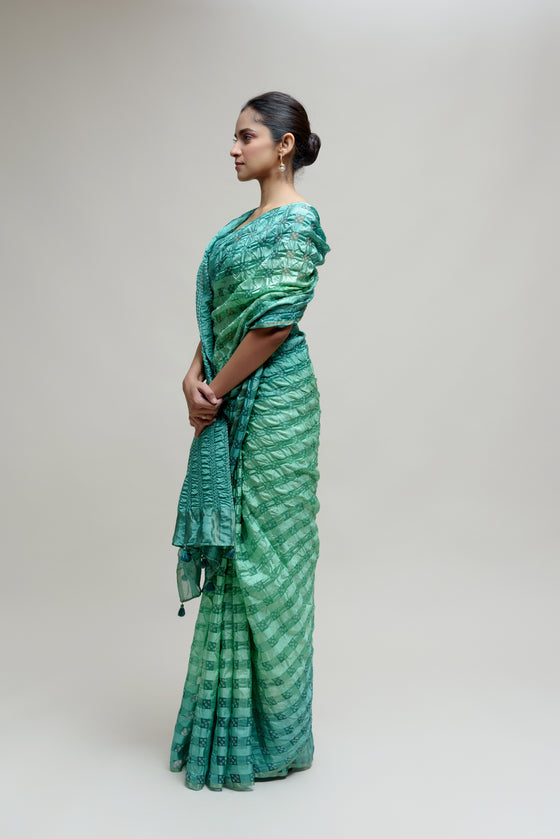 Silk Organza Saree with Bandhani - Green