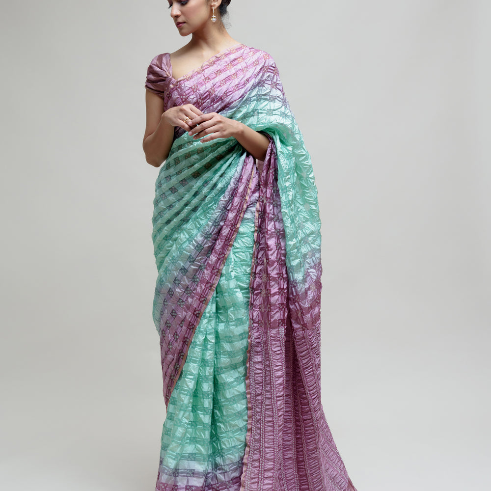 Silk Organza Saree with Bandhani - Green Lavender