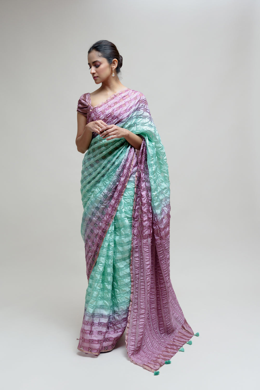 Silk Organza Saree with Bandhani - Green Lavender