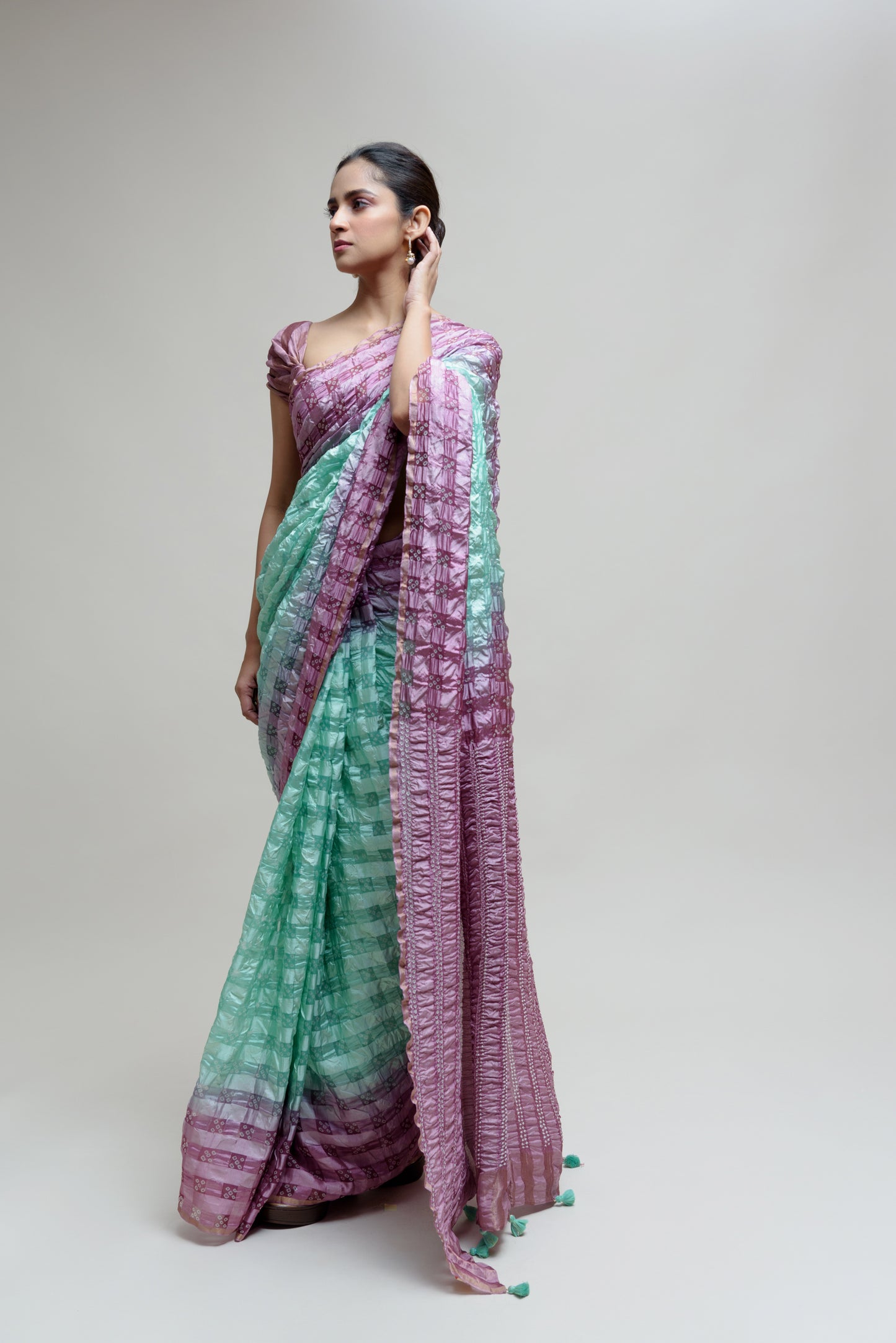 Silk Organza Saree with Bandhani - Green Lavender