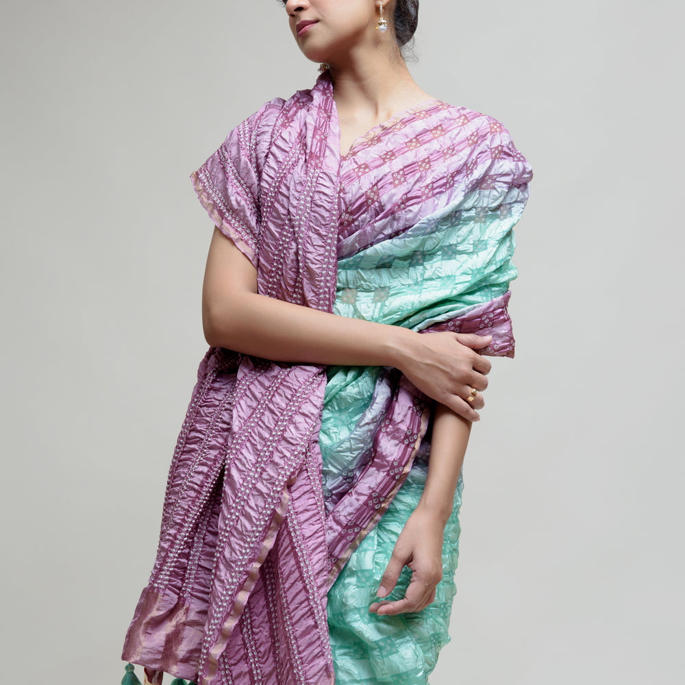 
                      
                        Silk Organza Saree with Bandhani - Green Lavender
                      
                    