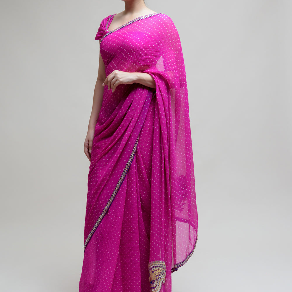 
                      
                        Magenta Gota Patti Bandhani on Pure Chiffon Saree
                      
                    