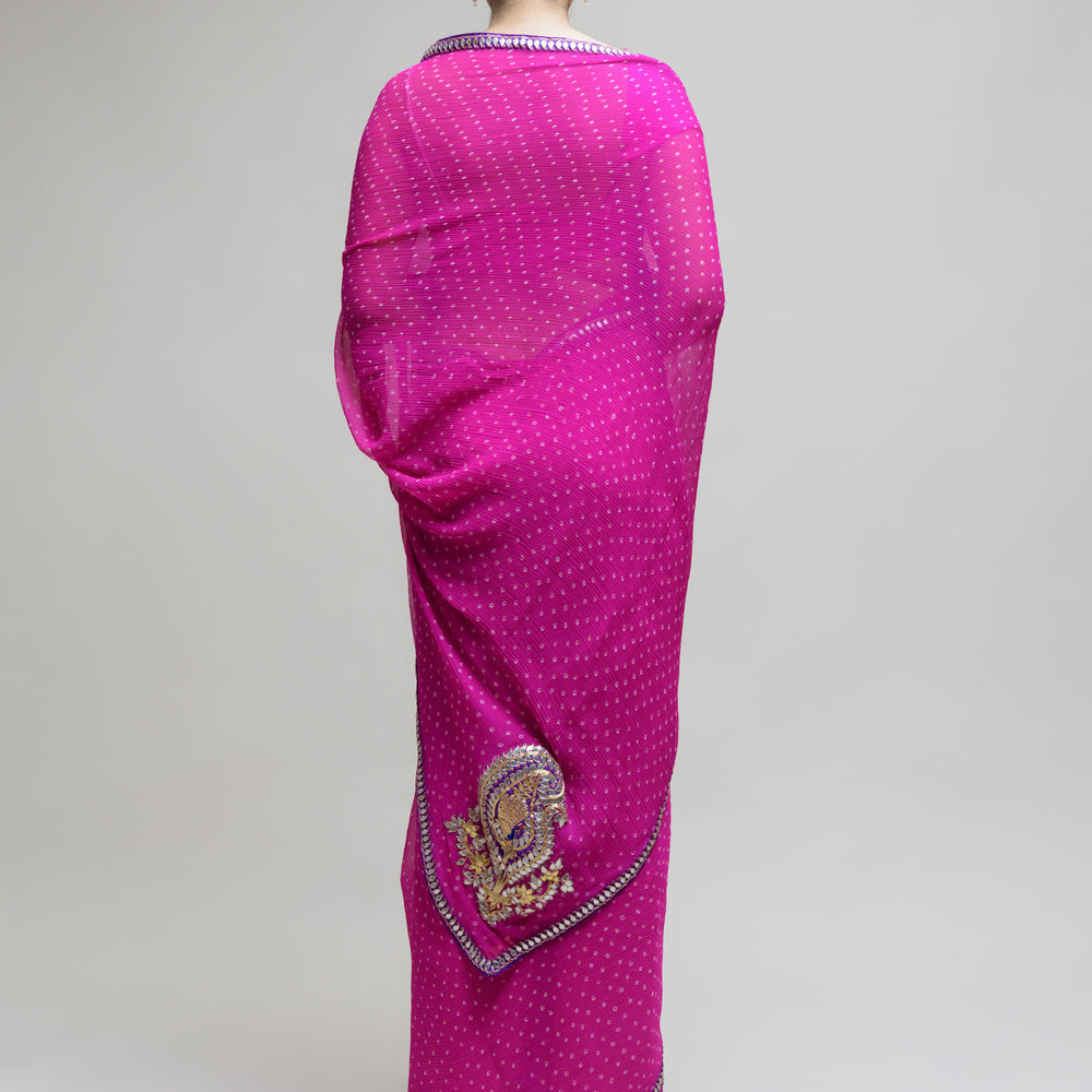 
                      
                        Magenta Gota Patti Bandhani on Pure Chiffon Saree
                      
                    