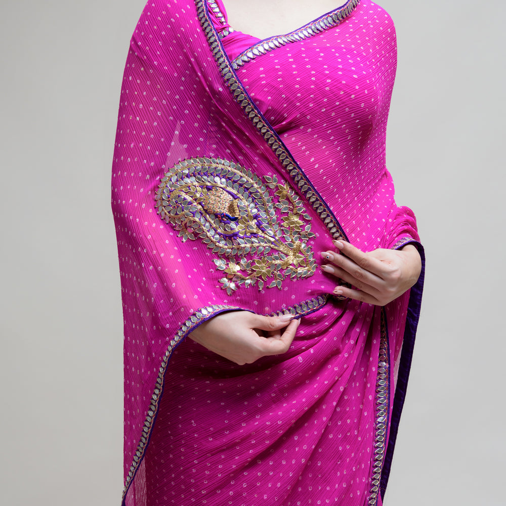 
                      
                        Magenta Gota Patti Bandhani on Pure Chiffon Saree
                      
                    