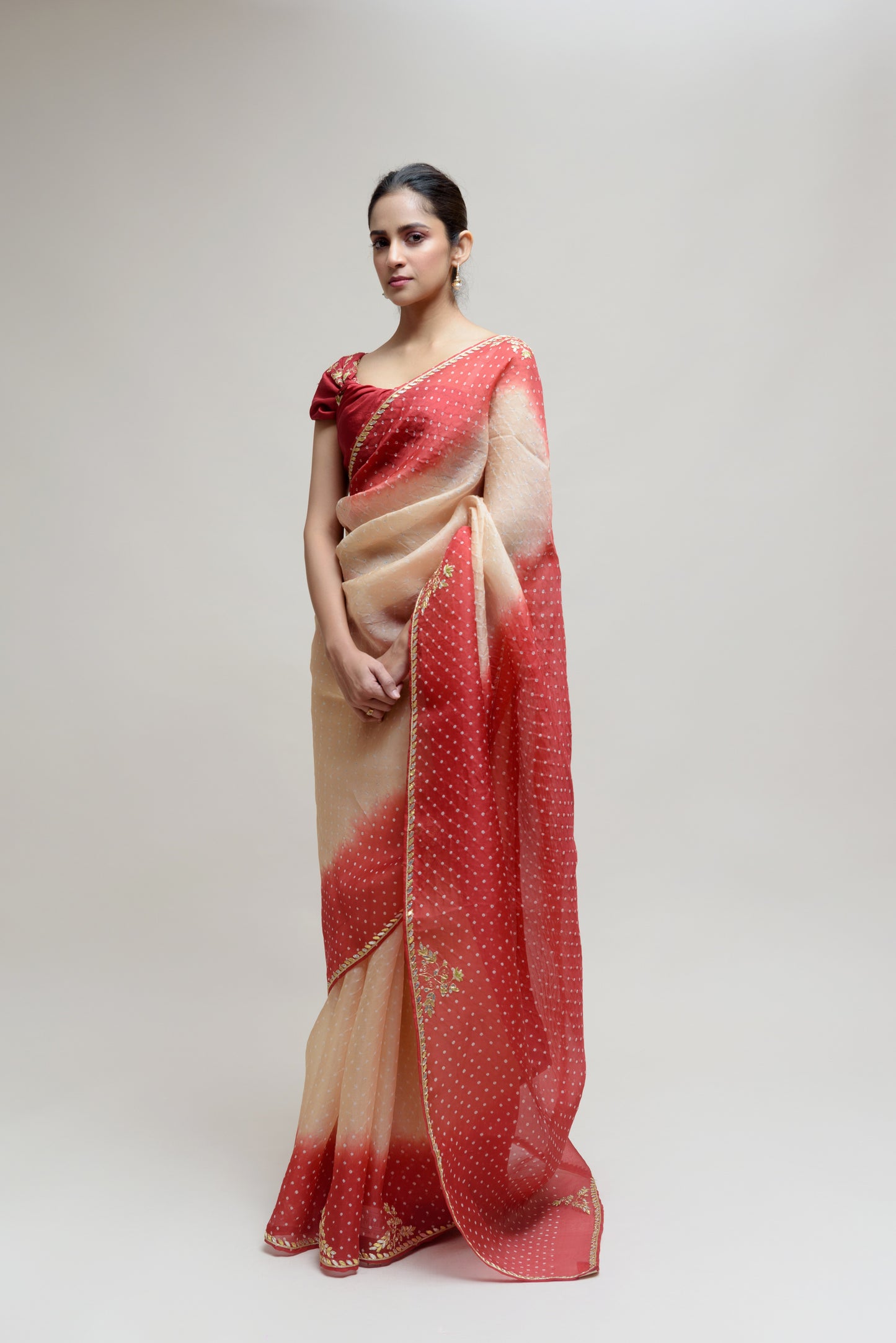 Bandhani on Organza Saree with Gota Patti - Beige Maroon