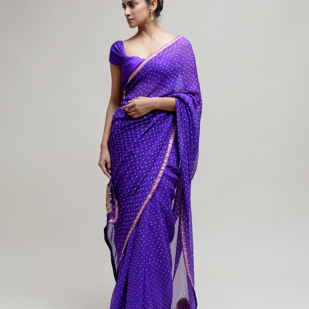 Purple Gota Patti Bandhani on Pure Chiffon Saree