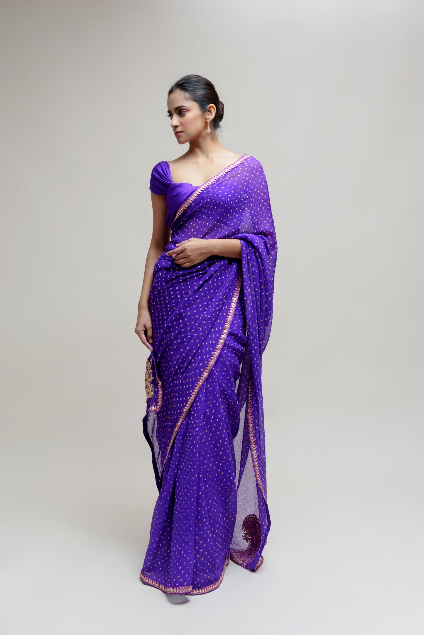 Purple Gota Patti Bandhani on Pure Chiffon Saree