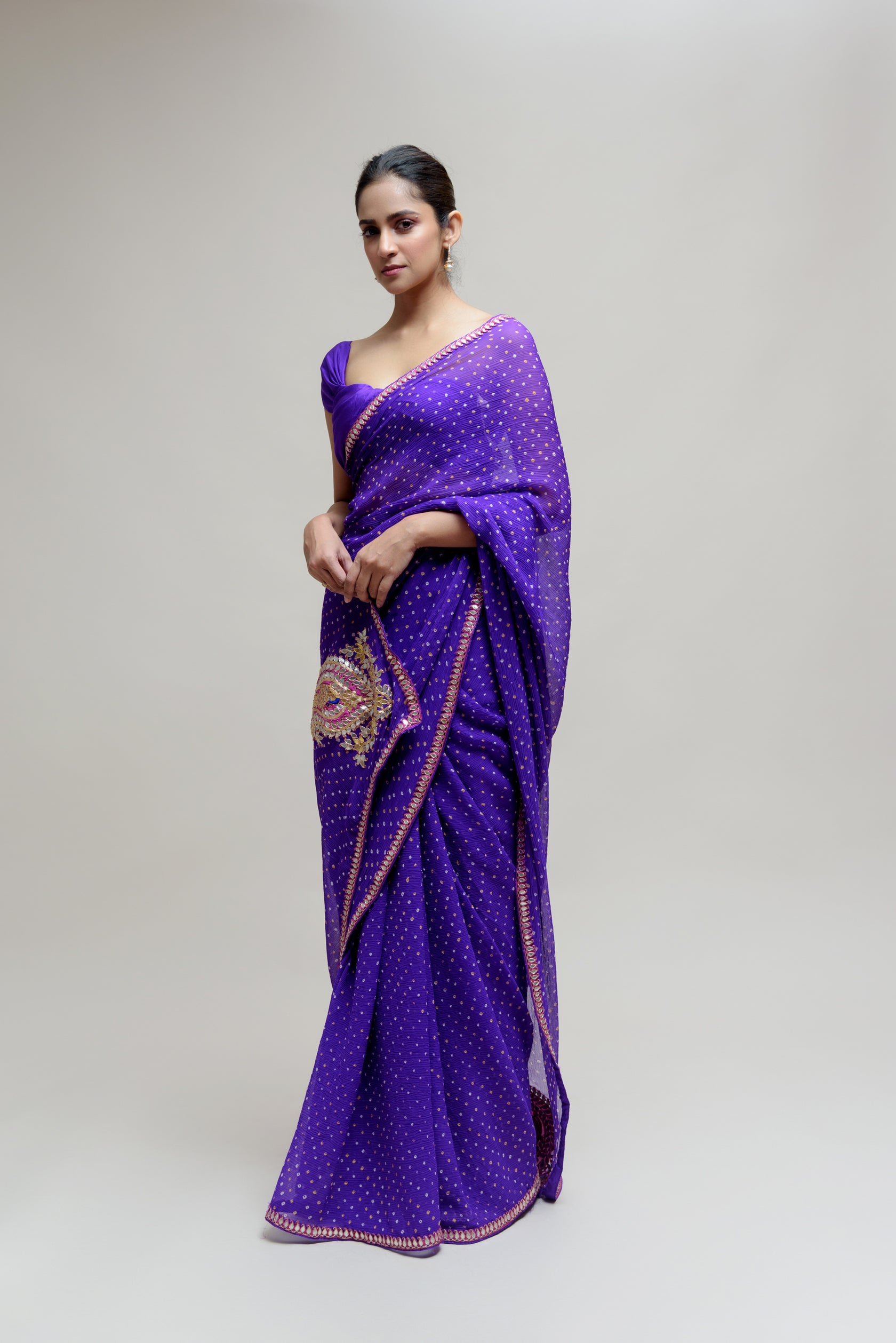 Mrinalini Red Gota Patti Work Pure Bandhani Saree