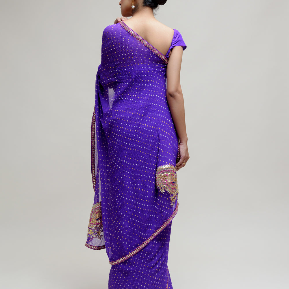 
                      
                        Purple Gota Patti Bandhani on Pure Chiffon Saree
                      
                    