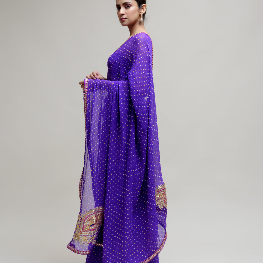 
                      
                        Purple Gota Patti Bandhani on Pure Chiffon Saree
                      
                    