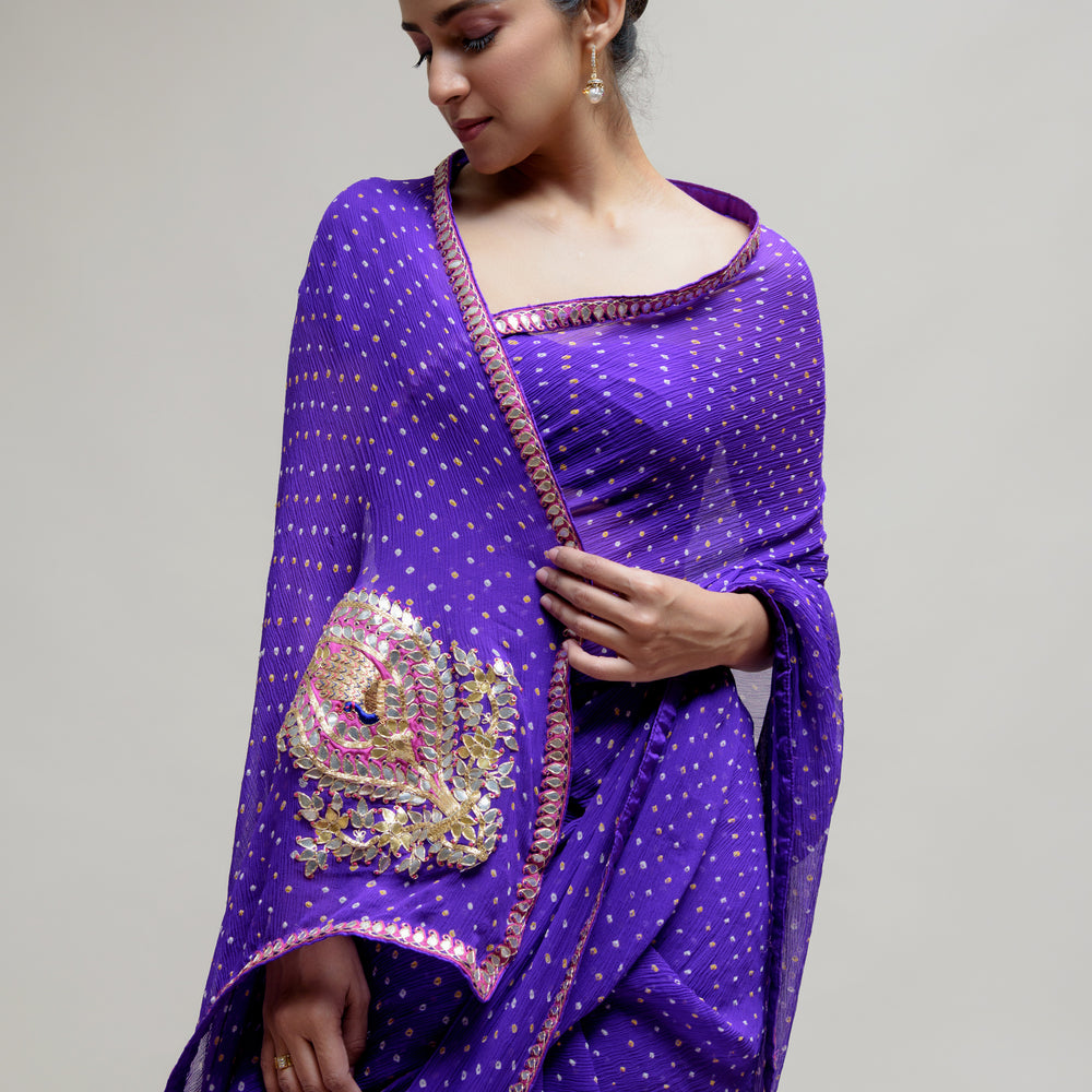 Purple Gota Patti Bandhani on Pure Chiffon Saree