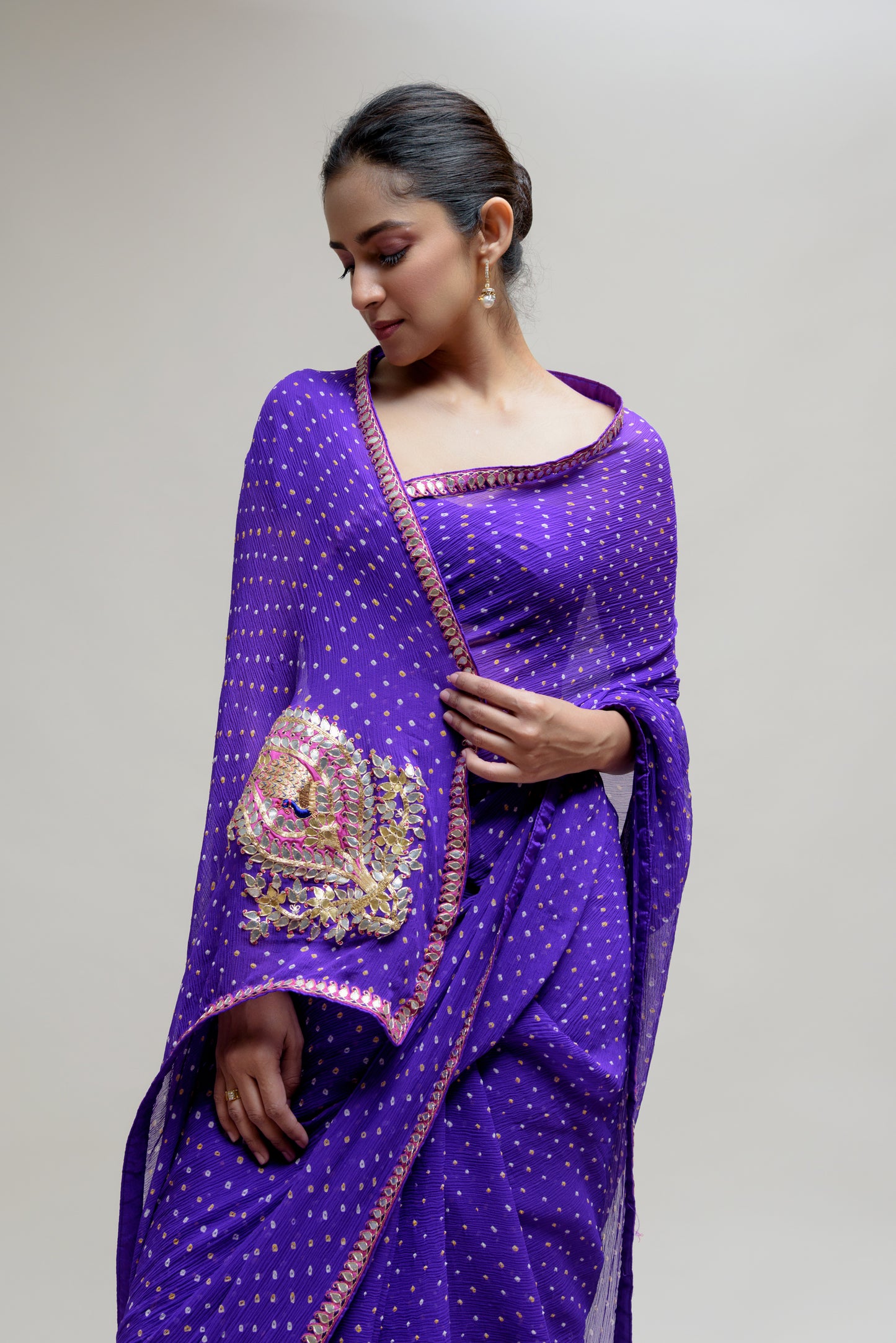 Purple Gota Patti Bandhani on Pure Chiffon Saree