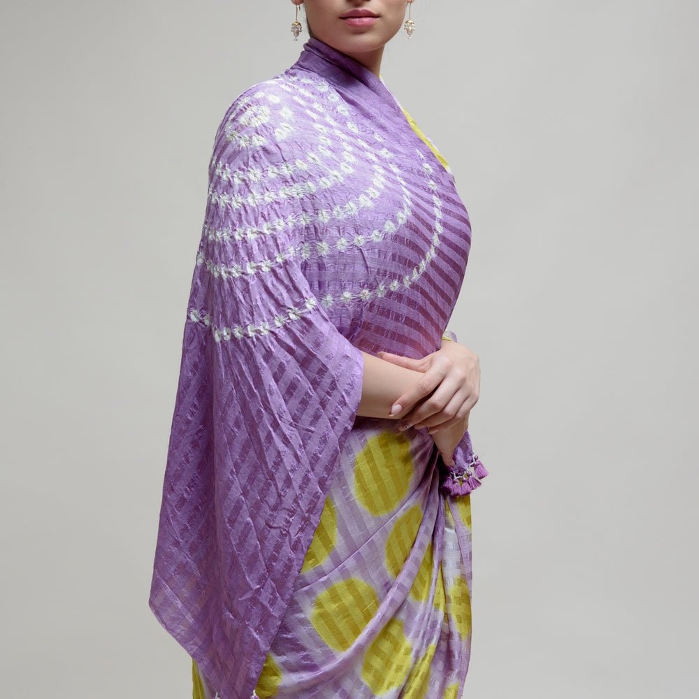 Clamp Dyed Bandhani Saree - Lavender Lime