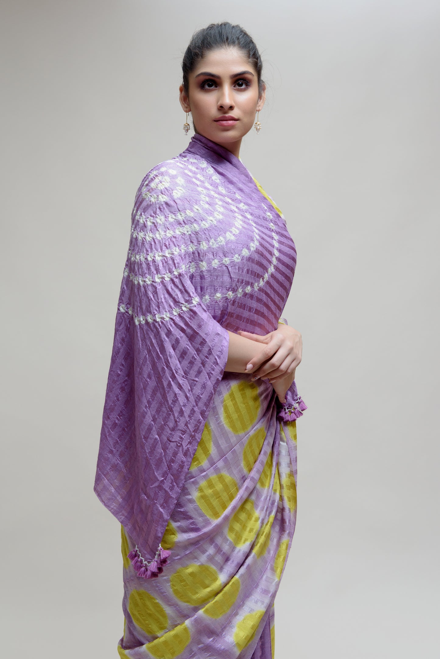 Clamp Dyed Bandhani Saree - Lavender Lime