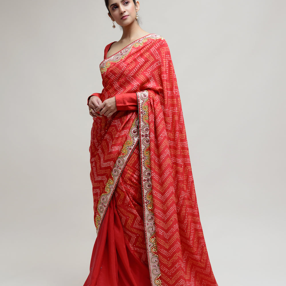 Red Bandhani on Crepe Saree with Mirror Work