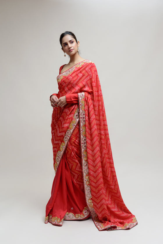 Red Bandhani on Crepe Saree with Mirror Work