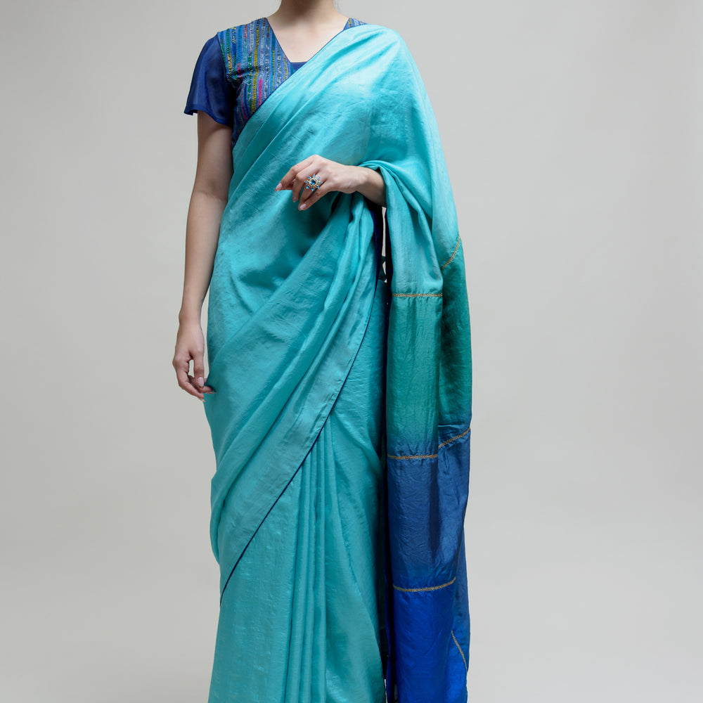 Blue Silk Saree with Colour Blocked Palla