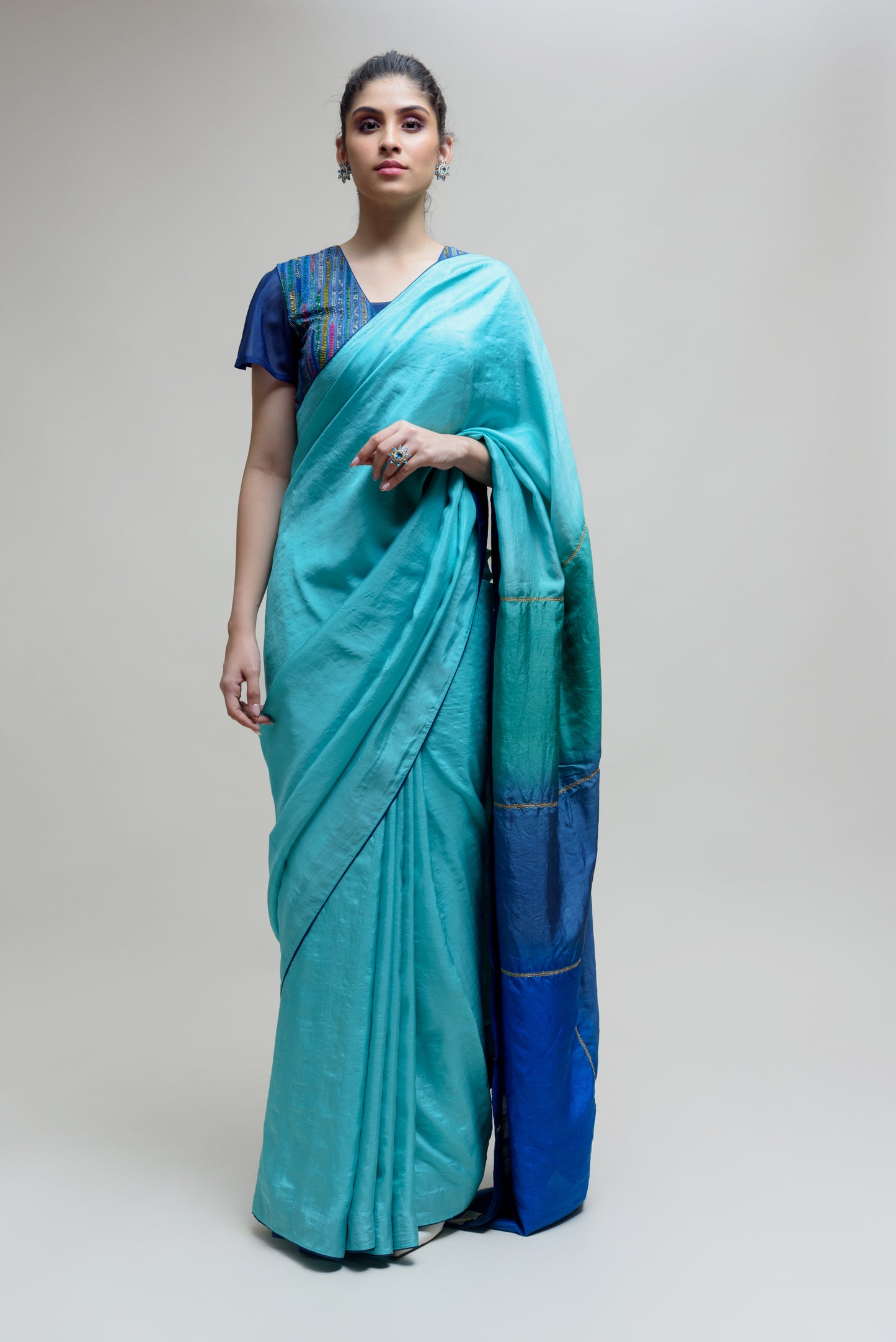 Blue Silk Saree with Colour Blocked Palla