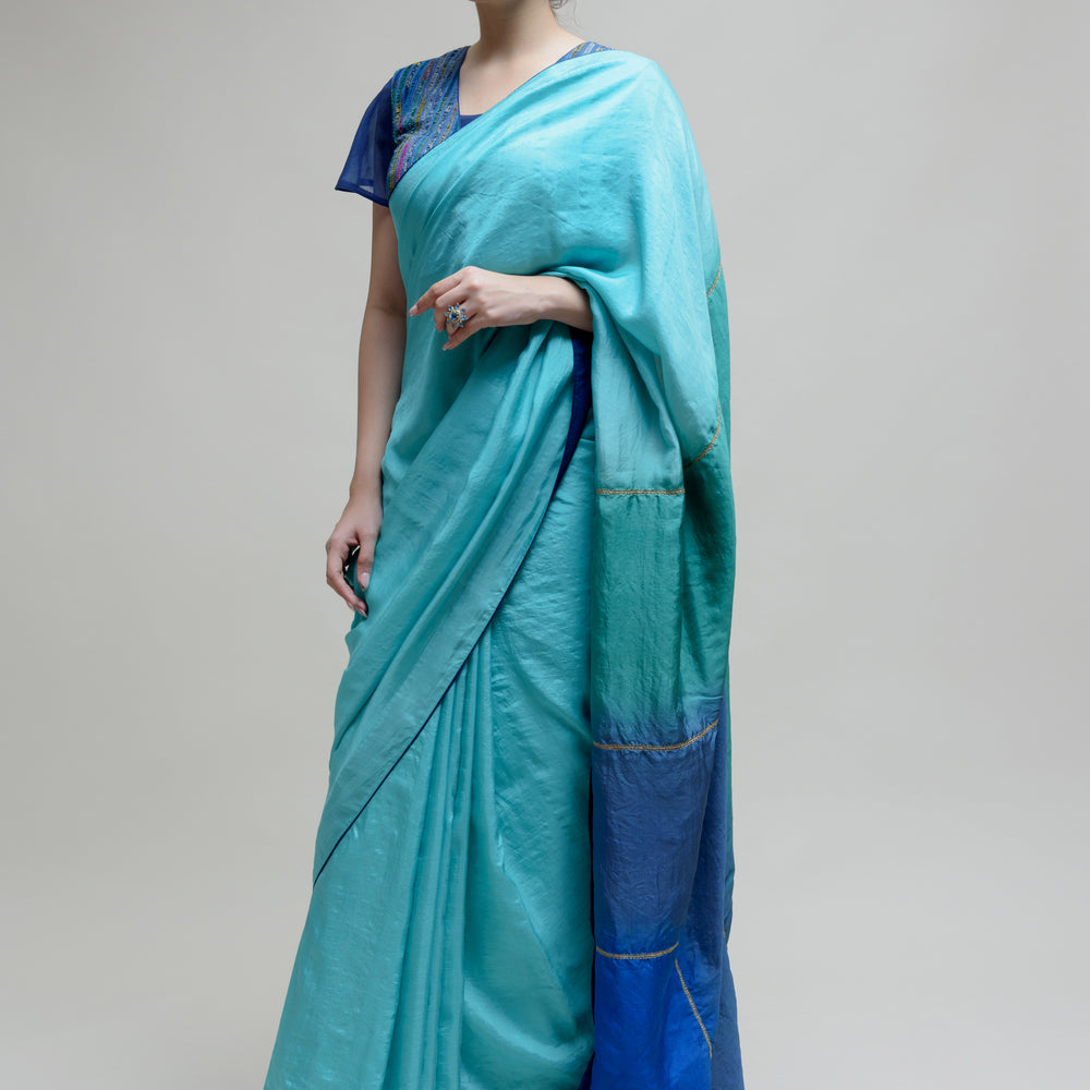 Blue Silk Saree with Colour Blocked Palla