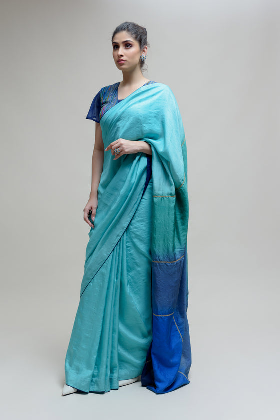 Blue Silk Saree with Colour Blocked Palla