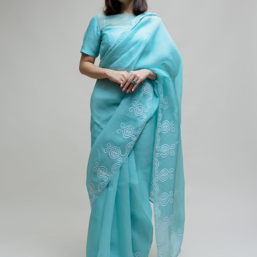 Sky Blue Organza Saree with Thread Embroidery