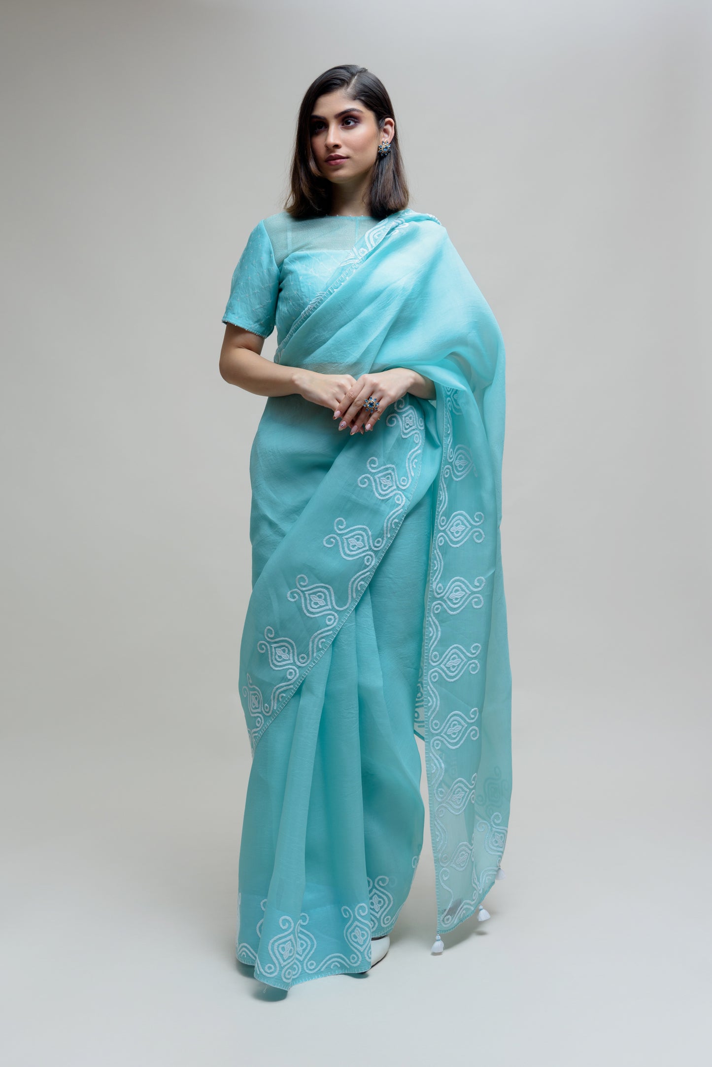 Sky Blue Organza Saree with Thread Embroidery