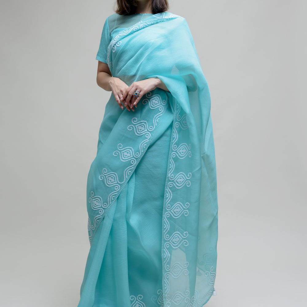 
                      
                        Sky Blue Organza Saree with Thread Embroidery
                      
                    