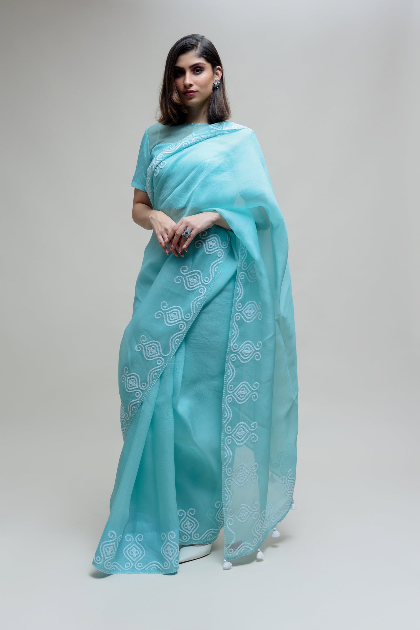 Sky Blue Organza Saree with Thread Embroidery